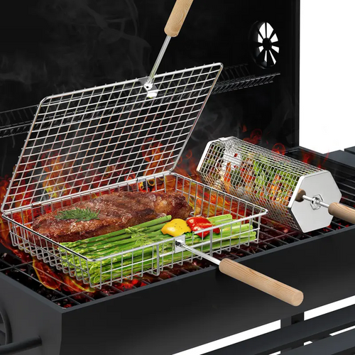 Heavy Duty 304 Stainless Steel Grill Basket Set with Detachable Wooden Handle – BBQ Grilling Accessories for Vegetables, Seafood & Meat