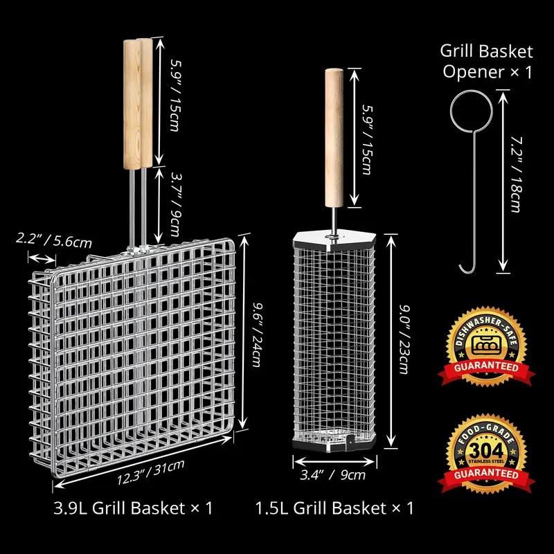 Heavy Duty 304 Stainless Steel Grill Basket Set with Detachable Wooden Handle – BBQ Grilling Accessories for Vegetables, Seafood & Meat