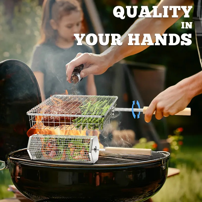 Heavy Duty 304 Stainless Steel Grill Basket Set with Detachable Wooden Handle – BBQ Grilling Accessories for Vegetables, Seafood & Meat
