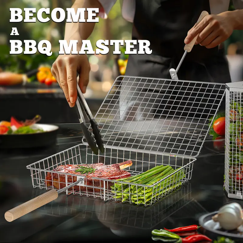 Heavy Duty 304 Stainless Steel Grill Basket Set with Detachable Wooden Handle – BBQ Grilling Accessories for Vegetables, Seafood & Meat