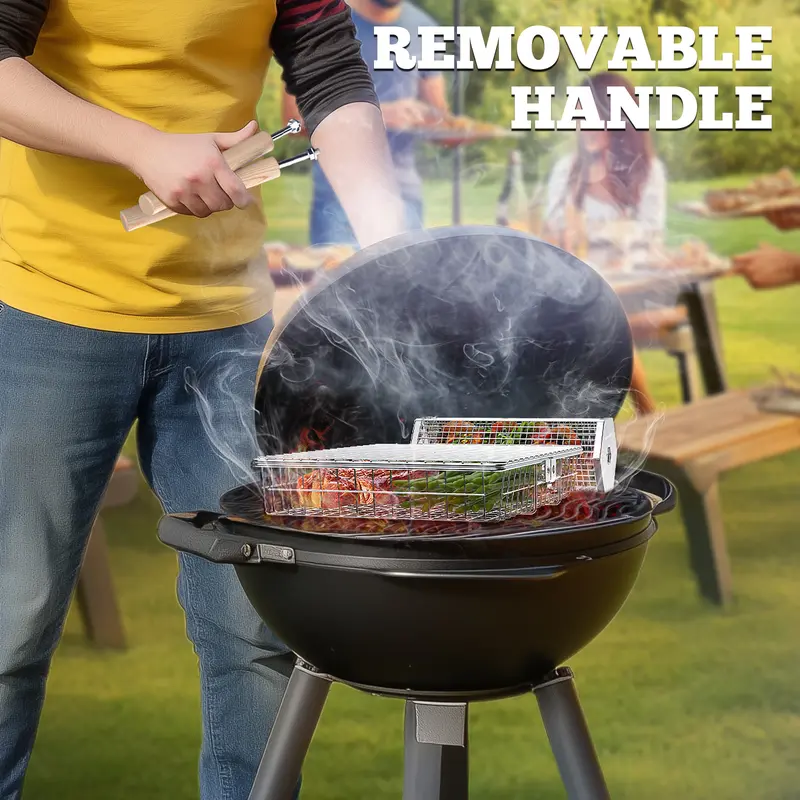 Heavy Duty 304 Stainless Steel Grill Basket Set with Detachable Wooden Handle – BBQ Grilling Accessories for Vegetables, Seafood & Meat