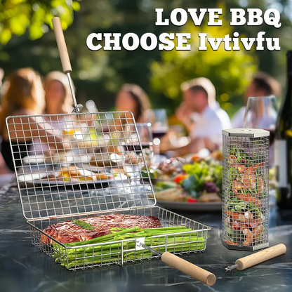 Heavy Duty 304 Stainless Steel Grill Basket Set with Detachable Wooden Handle – BBQ Grilling Accessories for Vegetables, Seafood & Meat